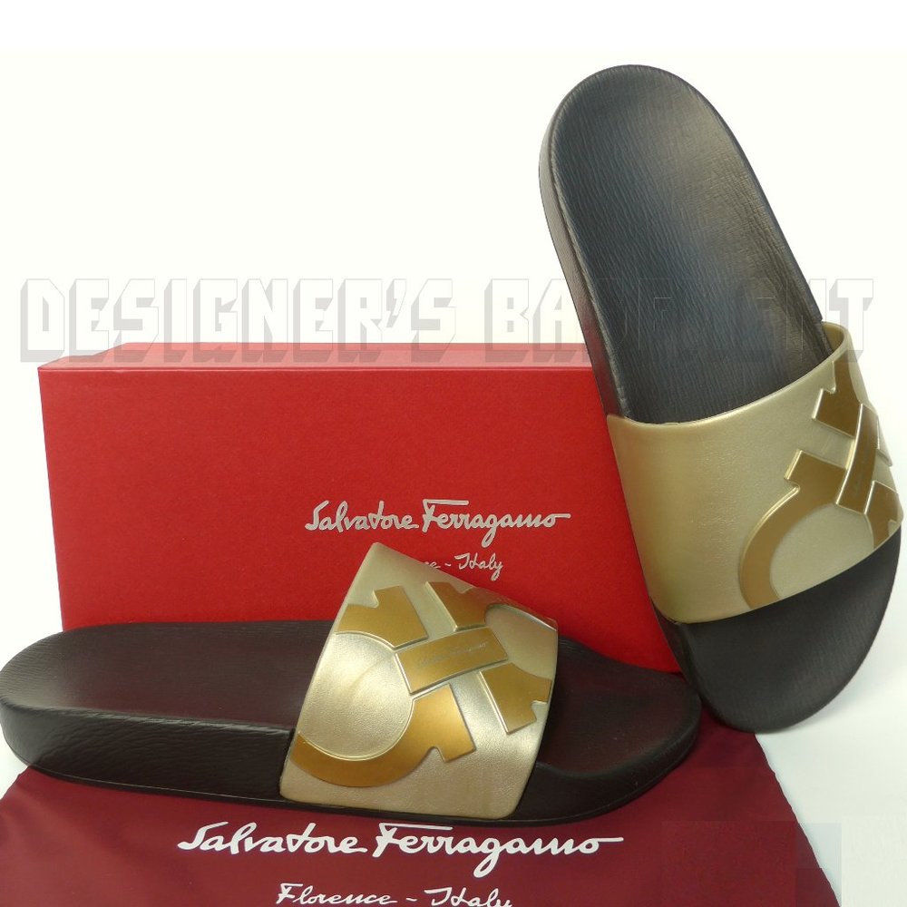 SALVATORE FERRAGAMO men 8M DANTE metallic Silver w/Gold GANCINI slides shoes NIB